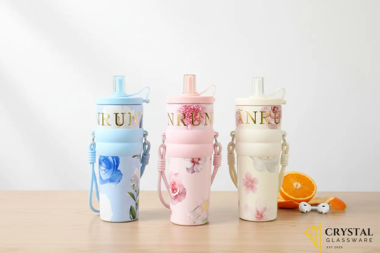 Floral NRUN stainless steel straw tumbler in the center features a silicone grip sleeve and a matching carrying
